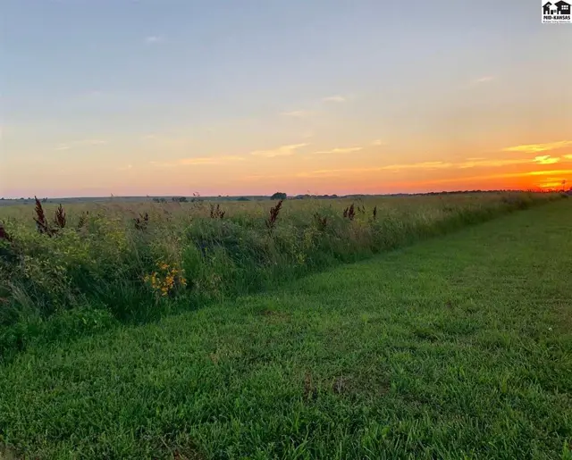 Expansive green field meets tall grasses under a vibrant sunset sky.