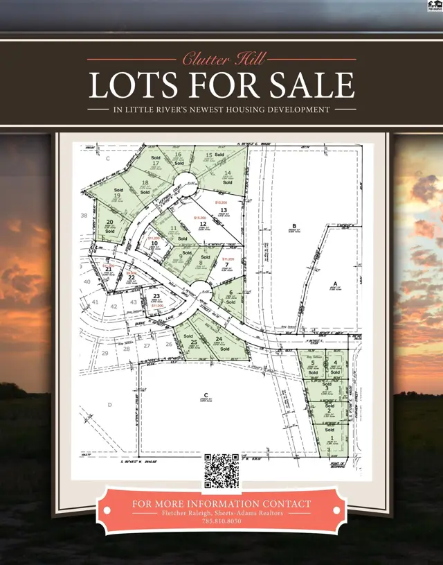 Aerial map of a housing development with numbered lots and winding roads, set against a sunset sky.