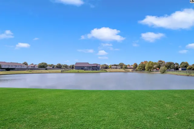 Expansive lake view with manicured lawn and distant homes under a bright blue sky.
