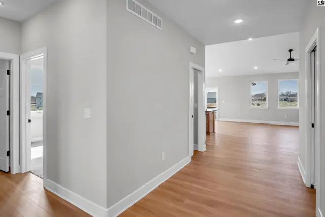 Bright hallway with light gray walls, white trim, and hardwood floors leading to an open living area.