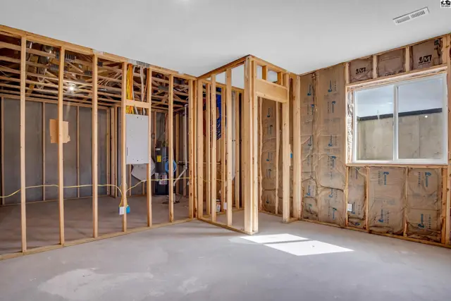 Unfinished basement with exposed wood framing, insulation, and a concrete floor.
