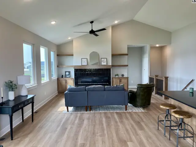 Spacious living room with vaulted ceiling, fireplace, built-in shelving, and modern finishes.