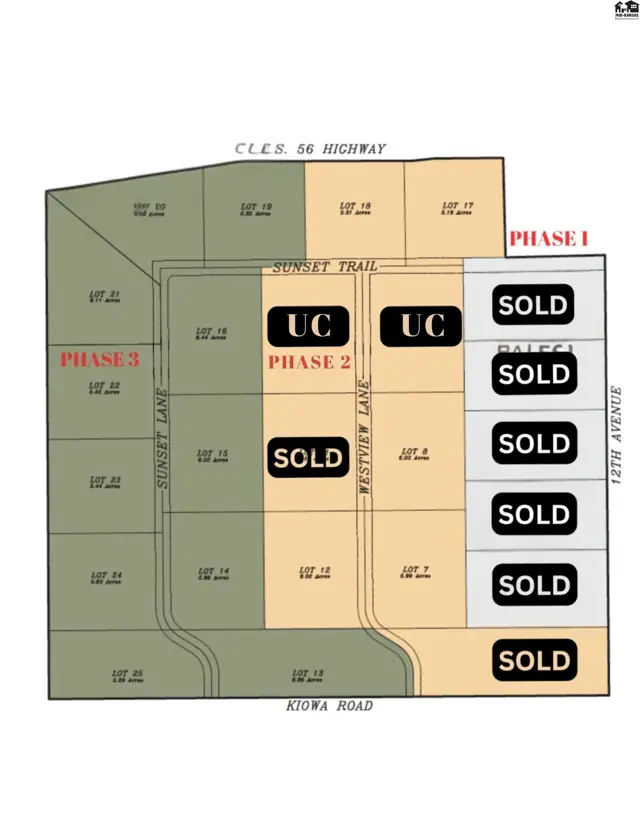 Aerial map shows a residential development with lots divided into phases, some marked as sold.