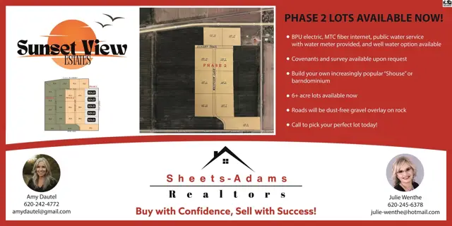 Aerial view of subdivided lots with a site plan and text detailing available utilities and lot features.