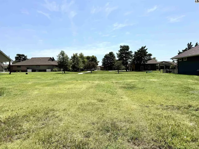 Spacious, level green lot with mature trees and surrounding homes under a clear blue sky.