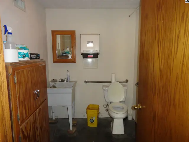 A utilitarian bathroom features a white toilet, sink, wooden cabinet, and grab bar.