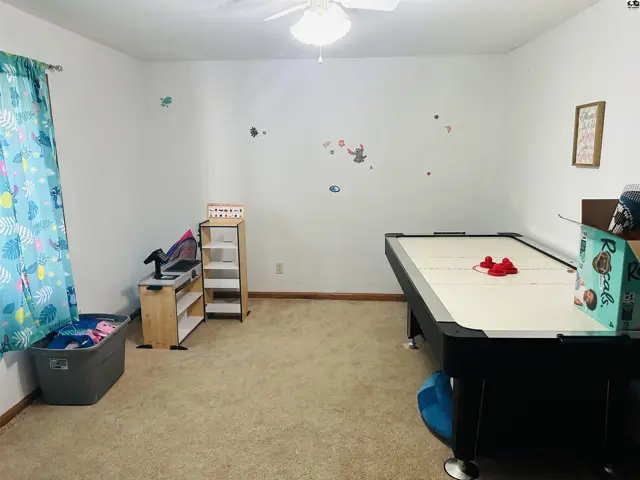 This room features a pool table, a shelf unit, and a ceiling fan.
