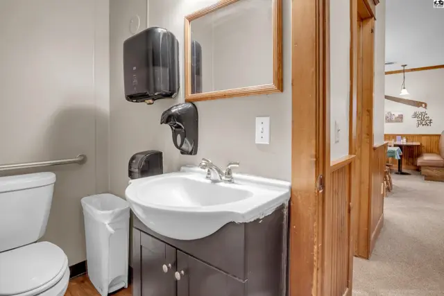 A bathroom vanity with a white sink, dark cabinet, and wood-framed mirror, adjacent to a toilet and accessible grab bar.