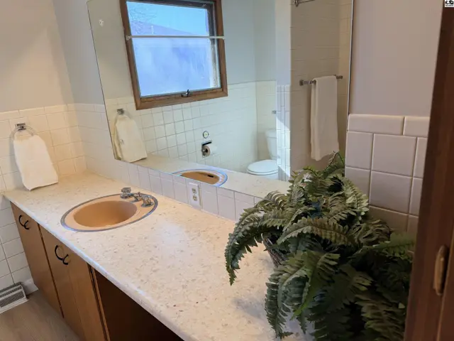 This bathroom features a long vanity with a double sink and a large mirror.
