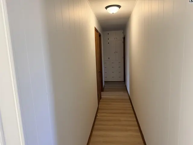 Hallway with wood-look flooring, white paneled walls, and a ceiling light fixture.