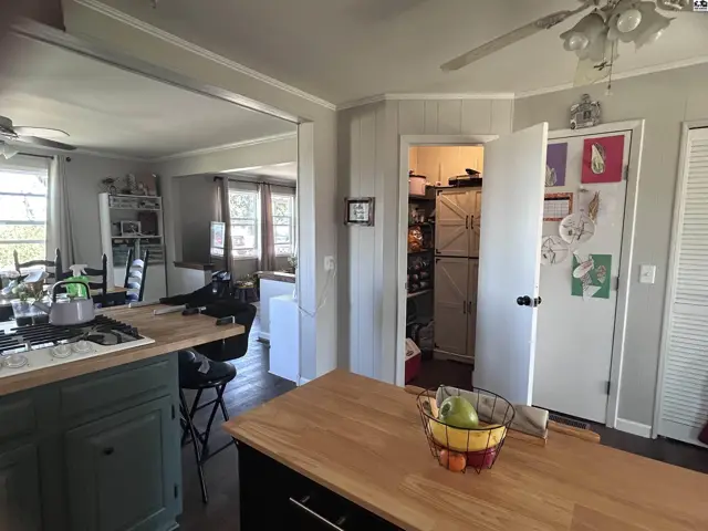 Kitchen with wood countertops, green cabinets, pantry, and view into dining area.