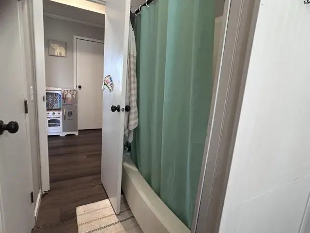 Bathroom with a light green shower curtain, white tub, and wood-look flooring visible through an open door.