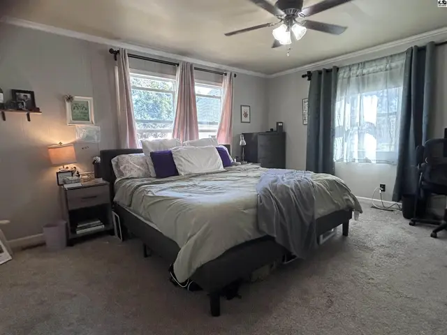 Spacious bedroom with a king-size bed, plush carpet, and large windows with curtains.