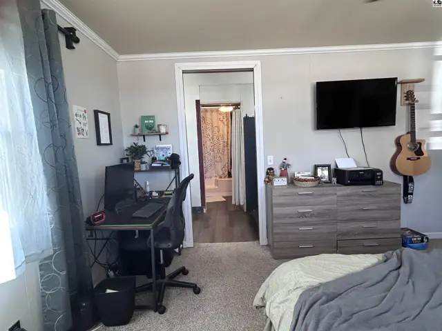 Bedroom with a desk, dresser, television, and guitar, featuring neutral walls and carpet.