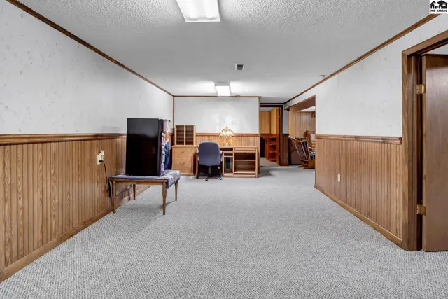 Spacious finished basement with wood paneling, carpet, and a desk area.