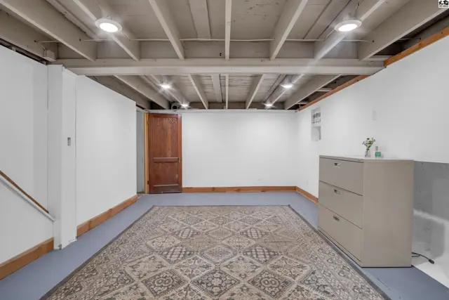 Unfinished basement with exposed joists, wood door, filing cabinet, and patterned rug.