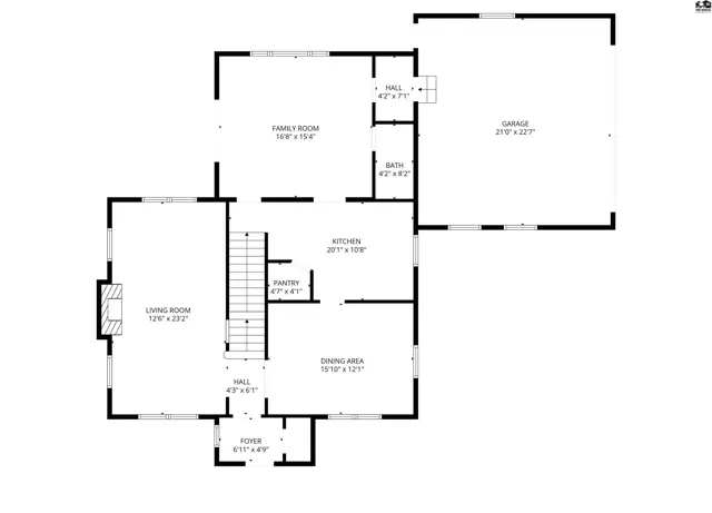 Floor plan shows a spacious home with living room, family room, kitchen, dining area, and attached garage.