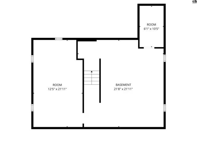 Floor plan shows a spacious basement with two large rooms and a smaller room.