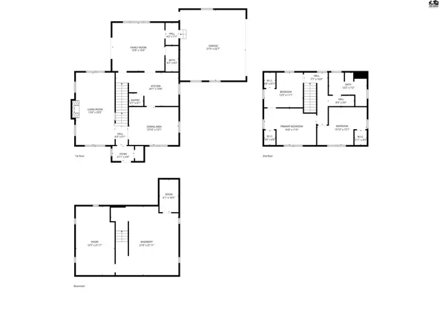 Floor plan showing multiple levels with room layouts, dimensions, and staircases.