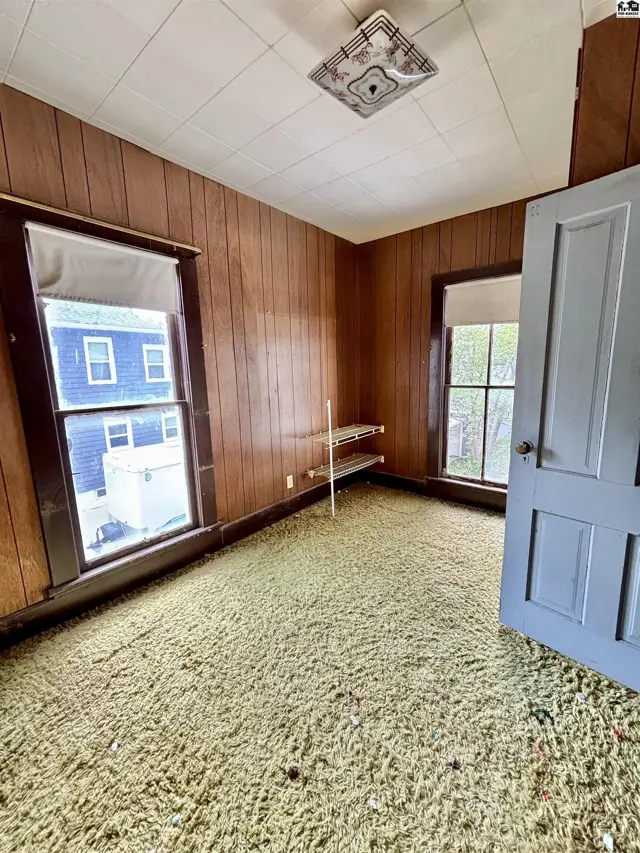 Bedroom with wood-paneled walls, shag carpet, and two windows overlooking the exterior.
