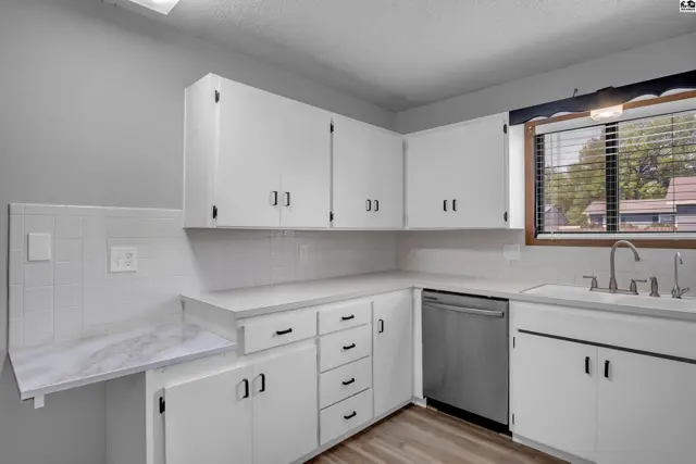Bright white kitchen with ample cabinetry, stainless steel dishwasher, and a tiled backsplash.