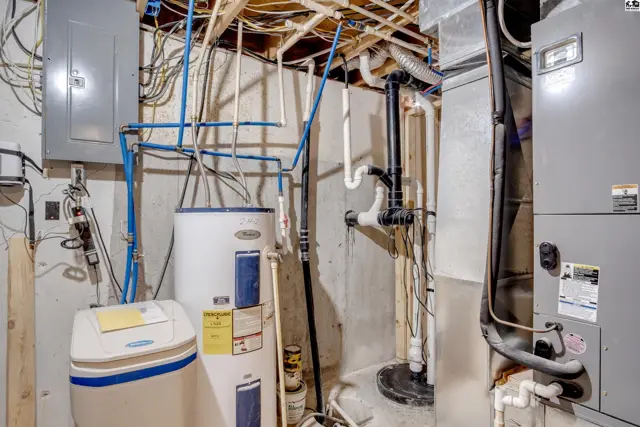 Basement utility area with water heater, softener, furnace, and electrical panel.
