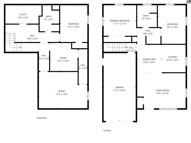 Floor plan shows a two-story home with basement, featuring multiple bedrooms, bathrooms, living areas, and a garage.