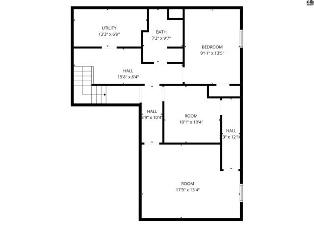 Floor plan shows a home with a utility room, bath, bedroom, and two large rooms.