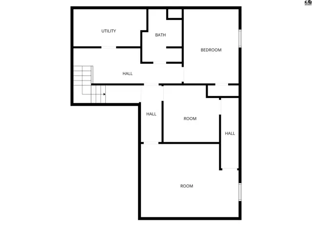 Floor plan shows a home with two rooms, a bedroom, bath, utility, and stairs.