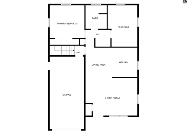 Floor plan shows a two-story home with a garage, three bedrooms, and open living, dining, and kitchen areas.