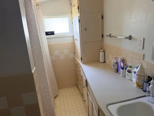 This bathroom features a vanity with ample counter space, built-in cabinets, and a tiled shower area.