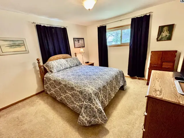 Cozy bedroom with a queen bed, patterned bedding, wood furniture, and plush carpet.