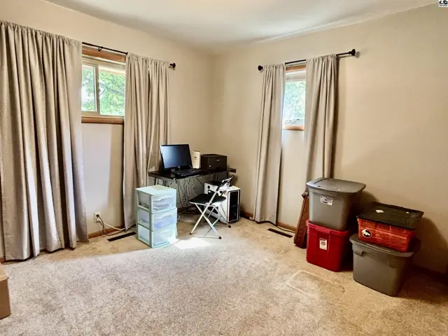 A carpeted room with two windows, a desk, and storage bins, featuring neutral walls and beige curtains.