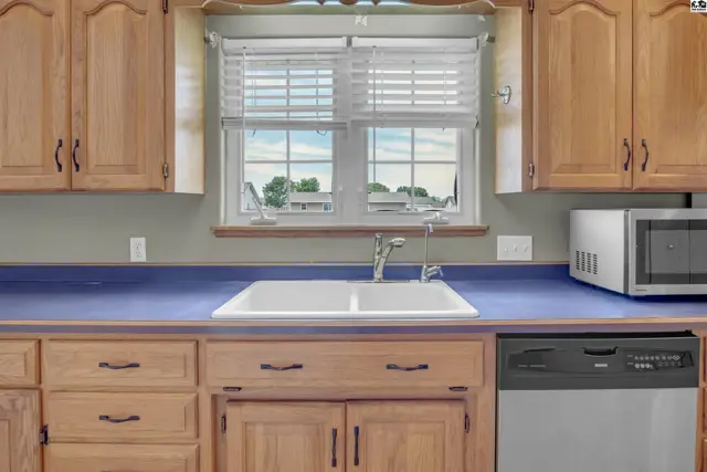 Kitchen with light wood cabinets, white double sink, blue countertop, and stainless steel dishwasher.