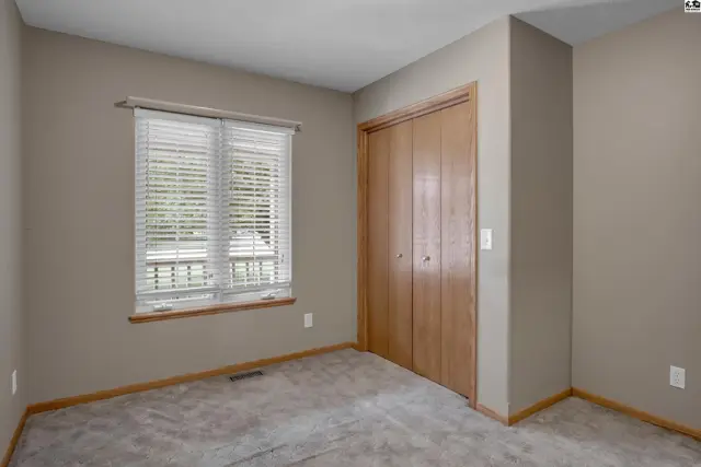 Neutral bedroom with plush carpet, wood-paneled closet doors, and a large window with blinds.