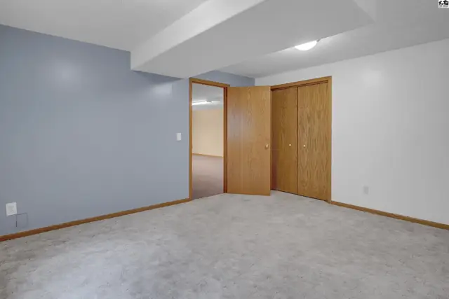 Spacious room with light blue and white walls, plush carpet, and two wooden closet doors.