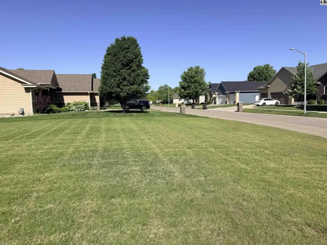 Manicured lawn leads to a paved street lined with homes and mature trees.