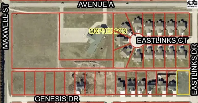 Aerial view of a residential development with homes on Eastlinks Court and Genesis Drive.