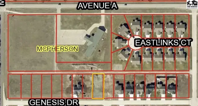Aerial view of a residential development with homes on Eastlinks Court and Genesis Drive.
