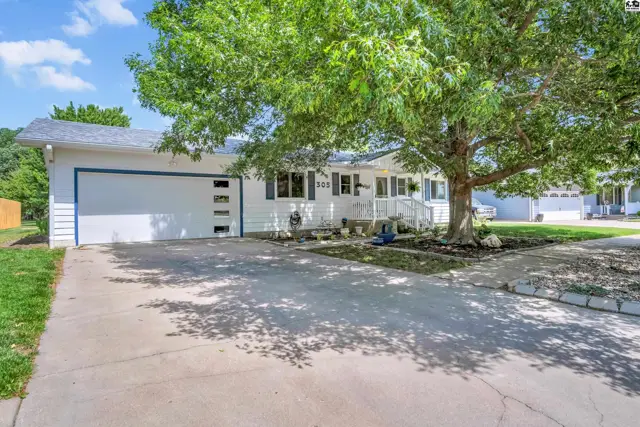 White ranch home with a modern garage door, large tree, and concrete driveway.