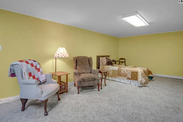 Spacious room with yellow walls, carpet, a bed, and comfortable seating.