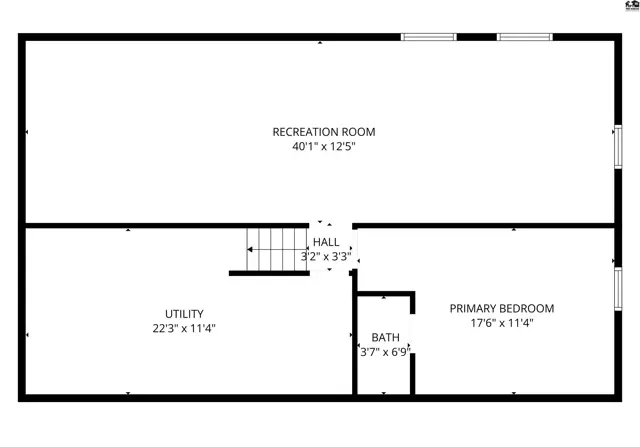 Floor plan shows a spacious recreation room, primary bedroom, utility room, and bath.