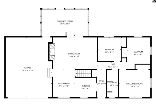 Floor plan shows a home with a garage, living room, kitchen, dining area, and three bedrooms.