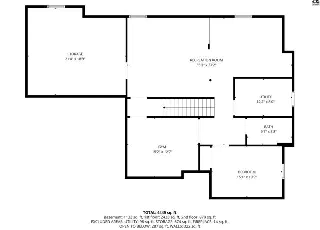 Basement floor plan shows a recreation room, gym, bedroom, bath, utility, and storage areas.