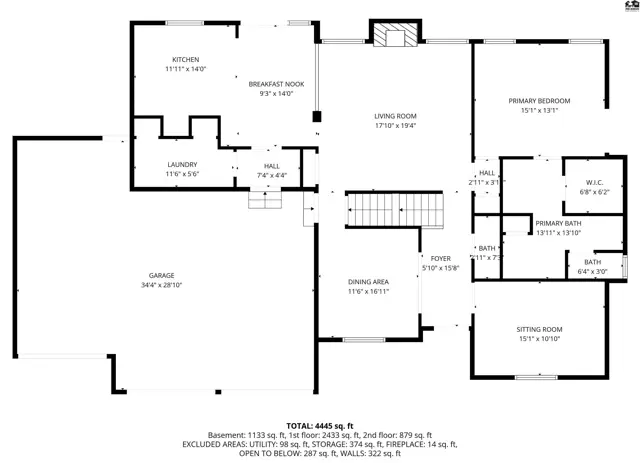 Floor plan shows a spacious home with a large kitchen, living room, primary bedroom, and dining area.