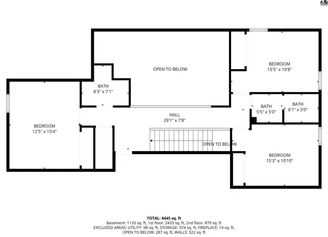 Floor plan shows a spacious upper level with multiple bedrooms, bathrooms, and open-to-below areas.