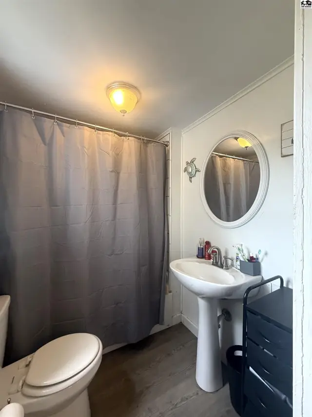 Bright bathroom with a white pedestal sink, oval mirror, and gray shower curtain.