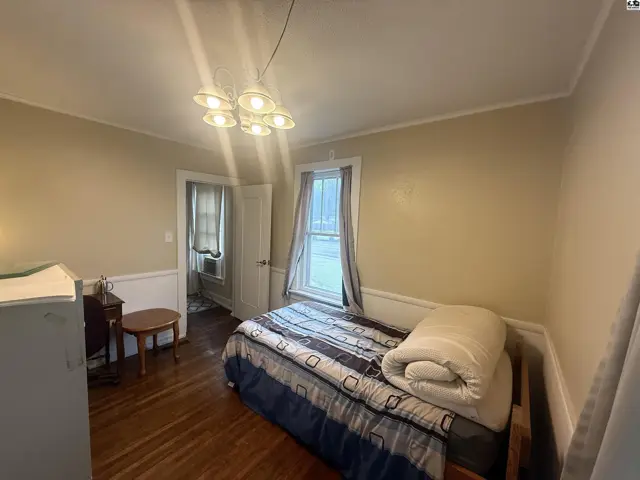 Cozy bedroom with a twin bed, wood floors, and a multi-bulb ceiling light fixture.