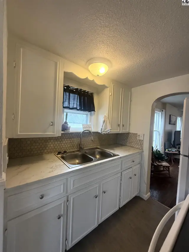 Kitchen with white cabinets, dual stainless steel sink, and mosaic tile backsplash.