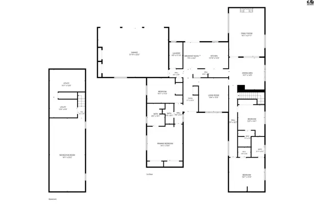 Floor plan shows a spacious home with multiple bedrooms, living areas, and a detached garage.